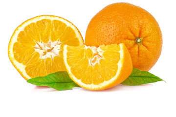 close up of orange with leaves, isolated on white