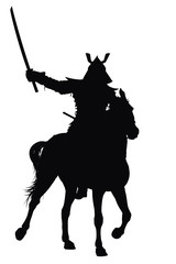 Samurai with sword on horseback vector silhouette - 48350744