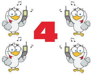Red Number 4 With Text And Calling Birds Holding A Cell Phones