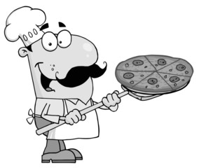 Grayscale Pizzeria Chef Holding A Pizza
