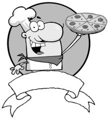 Grayscale Chef Presenting His Pizza Pie Banner