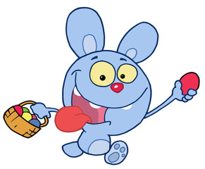 Blue Bunny Running And Holding Up An Egg
