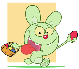 Green Bunny Rabbit Running And Holding Up An Egg