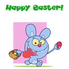 Happy Easter Greeting Above A Blue Rabbit Running With Eggs