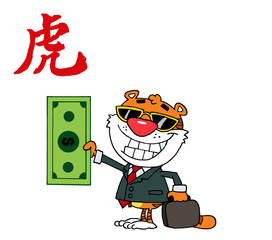 Obraz premium Animal Happy Tiger Keeps Dollar Ðnd Business Briefcase