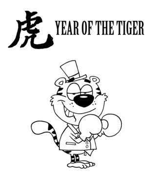 Outlined Happy Tiger Businessman With Boxing Gloves