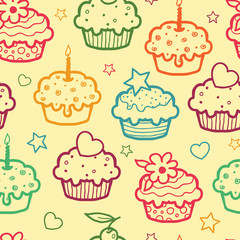 Vector colorful muffins seamless pattern background with hand