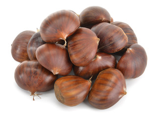 Heap of chestnut from above isolated on white background