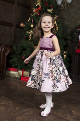 Fototapeta na wymiar waiting for Santa Claus. Happy little girl near Christmas tree