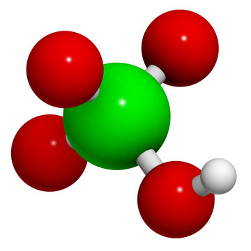 Perchloric acid (HClO4) molecule, chemical structure. HClO4 is a