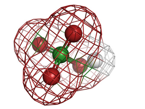 Perchloric acid (HClO4) molecule, chemical structure. HClO4 is a