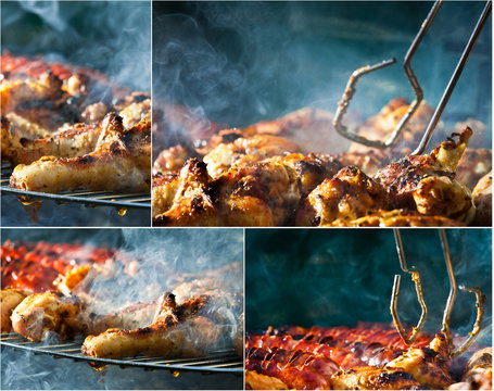 Collage of fried chicken on the grill
