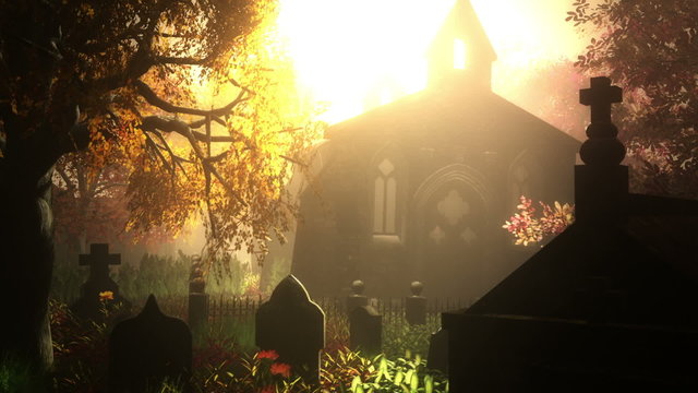 Autumn in Cemetery 3D render 6