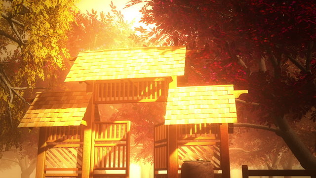 Traditional Wooden Gate in Japanese Garden 3D render