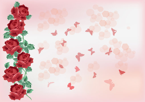 design with red roses and small butterflies