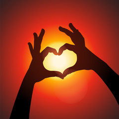 Love shape hands silhouette in sky, vector Eps10 illustration.