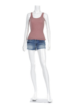 Full length female mannequin t-shirt dressed in short jeans