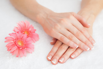 Naklejka premium Flowers with french manicured fingers
