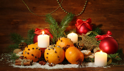 Fototapeta na wymiar Skład Boże Narodzenie z pomarańczy i jodły,
