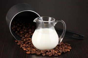 Coffee maker and milk on brown table