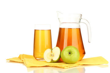 Full glass and jug of apple juice and apples isolted on white