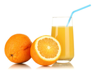 Delicious orange juice in glass and oranges next to it isolated