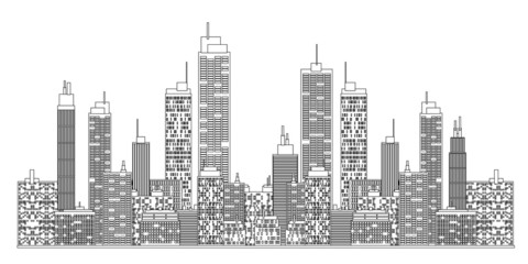 A blueprint style illustration of city skyline.