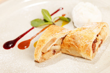 apple strudel with vanilla ice cream