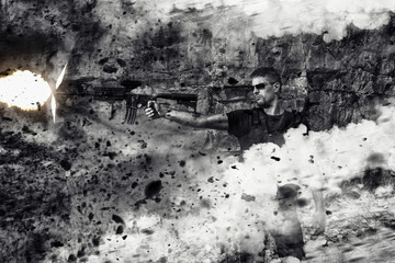 menacing man firing a machine gun