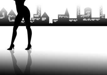 Fototapeta na wymiar silhouette gambe di donna con città di sfondo