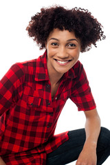 Portrait of smiling woman, semi seated posture