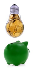 Traditional  lightbulb with  golden coins and green piggy bank