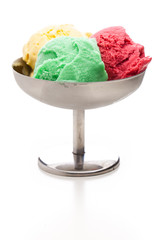 Eisbecher mit Eiskugeln in rot, grün und gelb