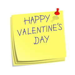 Stick notes with happy valentine text on and red pin isolated on
