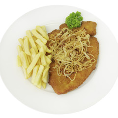 Zwiebelschnitzel mit Pommes frites