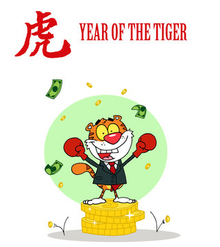Successful Business Tiger On Coins, With Chinese Symbol And Text