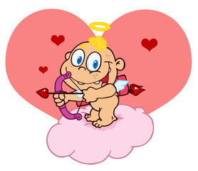 Cupid Baby Aiming An Arrow On A Cloud In Front Of A Heart