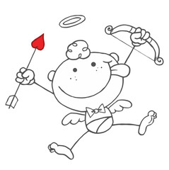 Cartoon Stick Cupid with Bow And Arrow Flying With Hearts