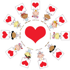 Stick Cupids Holding Heart Signs Around A Heart