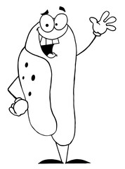 Outlined Hot Dog Character Waving