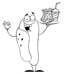 Outlined Hot Dog Character Holding Fast Food On A Tray