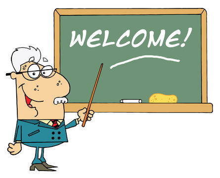School Teacher Pointing To A Welcome Chalkboard