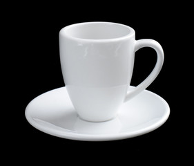 Empty white coffee cup and saucer on black background