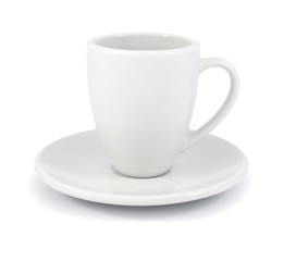 Empty white coffee cup and saucer on a white background