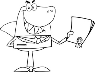 Outlined Shark Businessman Holding A Bad Contract In His Hand