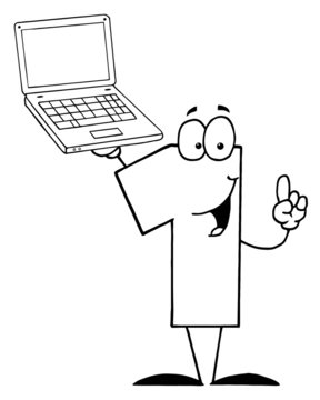 Outlined Number One Character Holding A Laptop