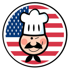 Winking Chef Face Over An American Flag Circle