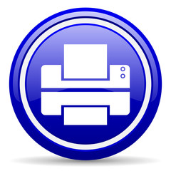 printer blue glossy icon on white background