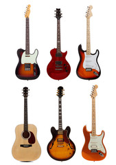 Naklejka premium Group of six guitars on white background