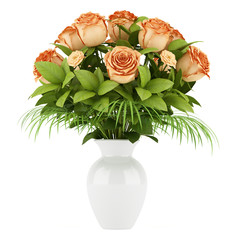 bouquet of orange roses in vase isolated on white background